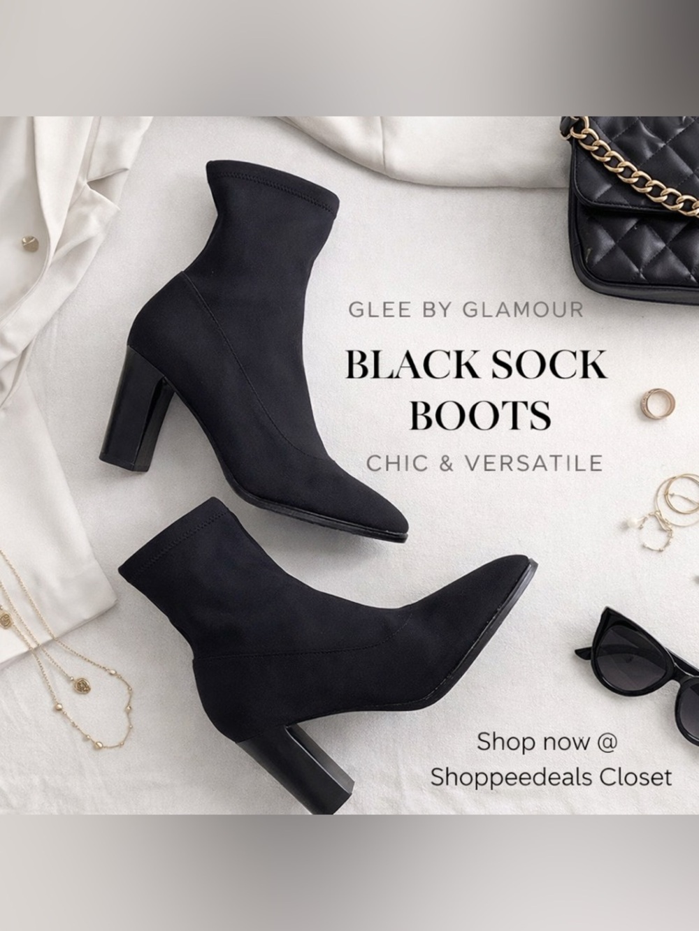 Glee by Glamour Black Sock Ankle Boots Block Heel Size 7